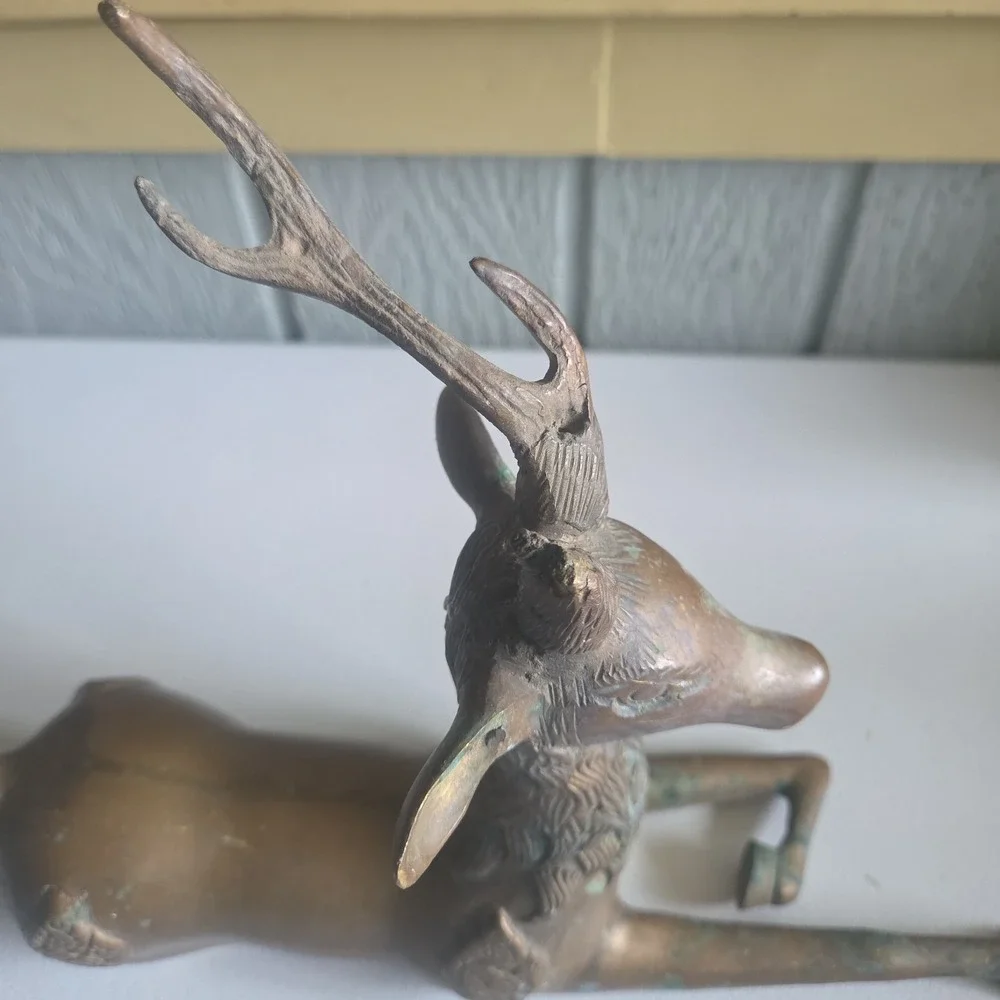Vintage Brass Sculpture Deer MCM Stag Reclining Figure Antlers Aged Patina AS IS